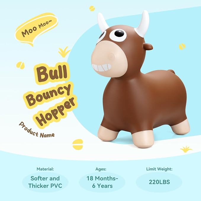 ZOOJOY Bouncy Animal Hopping Toys, Inflatable Brown Bouncy Hopper for Toddles, Outdoor Indoor Bouncing and Riding Bull Toys for Boys Girls, Birthday Gifts for 18 Months 2 3 4 5 6 Yrs w/Pump
