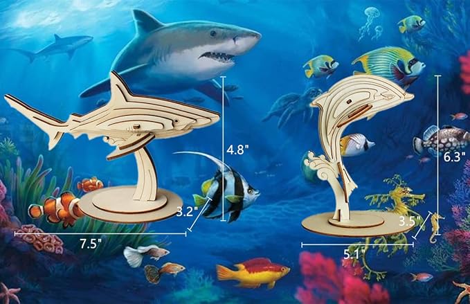 3D Wooden Sea Animal Puzzle - 6 Piece Set Wood Sea Animals Skeleton Assembly Model Kits - Wooden Crafts DIY Brain Teaser Puzzle - STEM Gifts for Adults & Teens Birthday Gifts Christmas