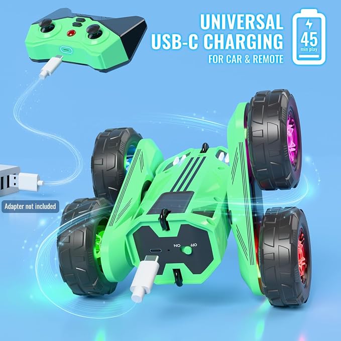 MaxTronic Fast Direct Charging Remote Control Car with LED，Exclusive Dual USB-C Charging for Car & Controller - 2.4Ghz 15km/h 360° Flips Rotations 4WD RC Stunt Car Fully Rechargeable for Kids 3-12