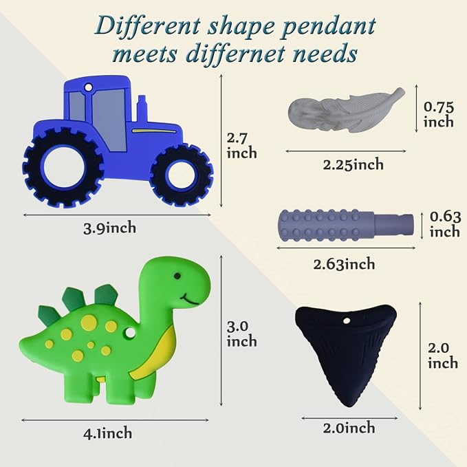 KongNai Chew Necklace for Sensory Kids, 5Pcs Chewy Necklaces for Boys and Girls with Autism ADHD, Chewable Silicone Pendant for Reducing Fidget Anxiety,Dinosaur Tractor Chewing Pendants for Toddler