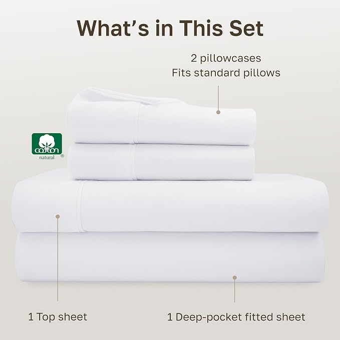 California Design Den Soft 100% Cotton Full Sheet Set, 400 Thread Count Good Housekeeping Award Winner, Silky Smooth Sateen Weave with Deep Pockets, Breathable and Durable Cotton Bedding Set - White