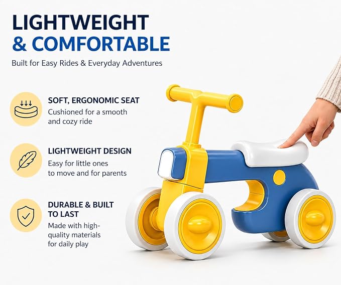 Henry & Colin First Balance Bike for 1 Year Old, 4 Wheel Toddler Bike with Fun Lights & Music, Soft Seat, No-Pedal Ride On Toy, 1st Birthday Gift for Boys & Girls Ages (12–36 Months)
