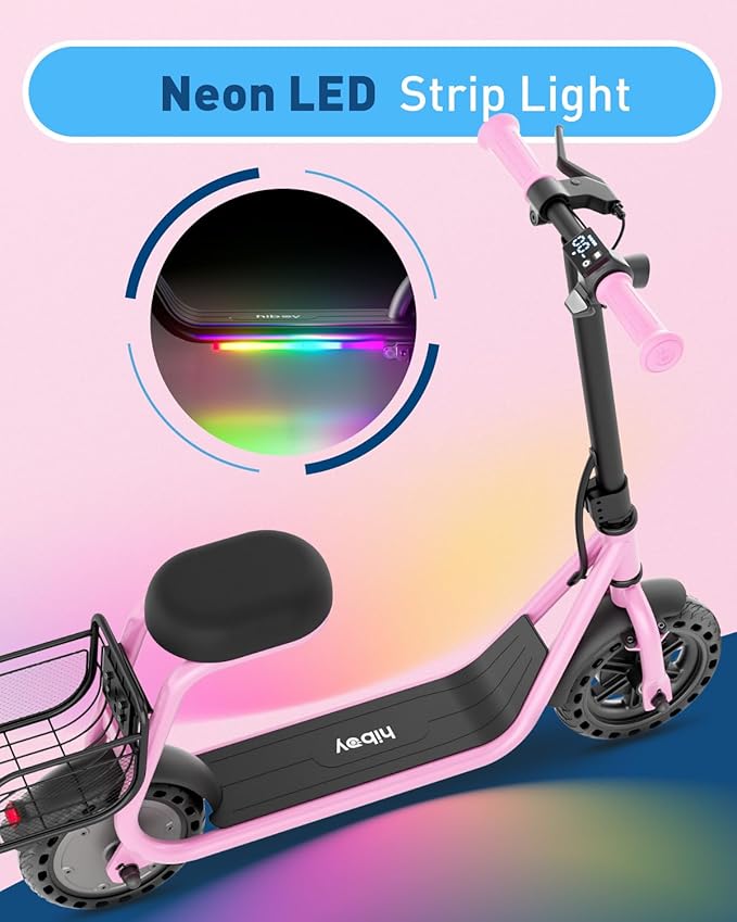Hiboy Q2 Lite Electric Scooter for Kids with Seat for Ages 4-10, 5-Mile Range, 3-Speed Adjustable up to 9.3 MPH, Front Brake, LED Neon Lights