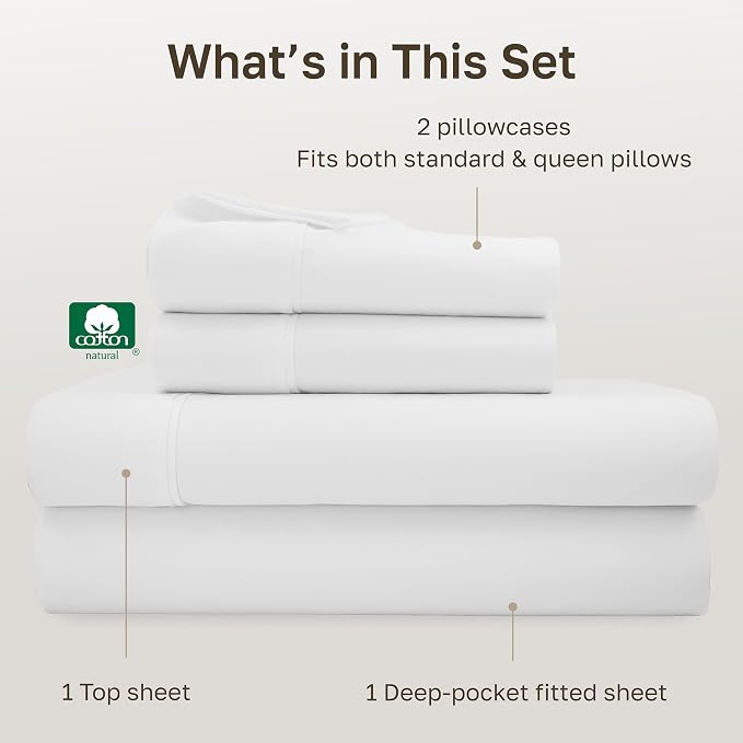 California Design Den Soft 100% Cotton Queen Size Bed Sheets Set, 400 TC Good Housekeeping Award Winner, Silky Sateen Weave with Deep Pockets, Long Staple Cotton Queen Bed Sheet Set - Antique White