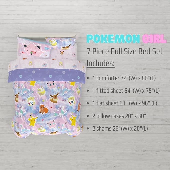 Pokémon Eevee, Pikachu, Jigglypuff Girl Bedding Soft Cozy Reversible Microfiber Comforter and Sheet Set with Sham, 7 Piece Full Size, (Official Licensed Product) By Franco Kids