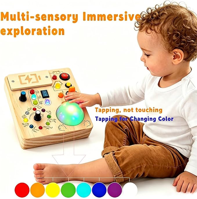 Montessori Busy Board for Toddlers 1-3 Year Old, Sensory Activity Toys for Baby Aged 1 2 3 Years Old with LED Light Switches, Wooden Travel Toys for Boys Girls Gift (Tap Light Busy Board)