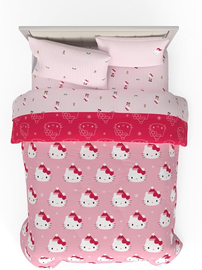 Sanrio Hello Kitty Holiday & Christmas Bedding Soft Comforter and Sheet Set with Sham, 7 Piece Full Size (Officially Licensed Product) By Franco