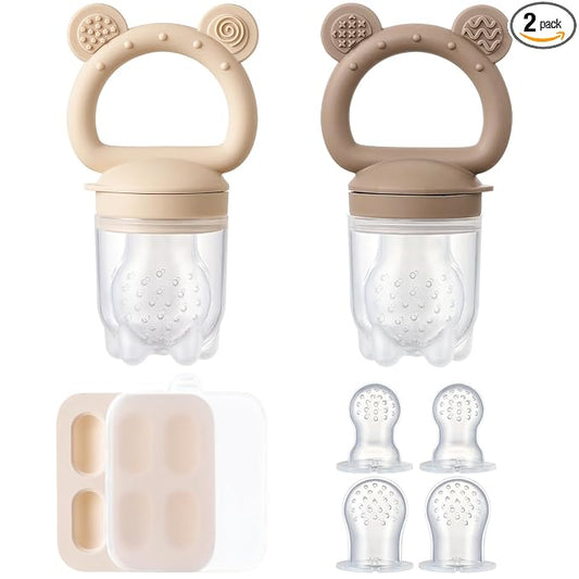 2 Pack Silicone Baby Fruit Feeder with Mini Freezer Tray, Breastmilk Popsicle Molds for Baby Teething Relief, Teethers, Fresh Food Feeder for Safe Infant Self Feeding, Extra Food Pouches - Chocolate