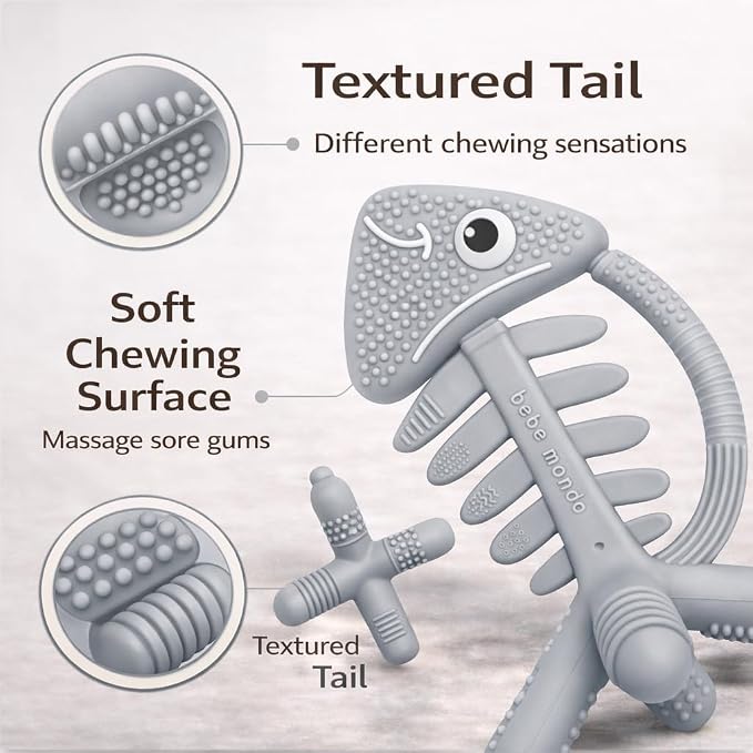 3 in 1 Infant Toys, Baby Teething Toys 3–6 6–12 Months, Teethers for Babies 0–3–6–12 Months for Teething Relief, Baby Gift, Baby Teether Toys, Silicone Sensory Toys, USA Patent Pending, Fish (Gray)