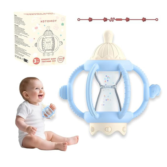 Silicone Teether Rattle Toy for Babies 0-12 Months Teething Relief | Montessori Sensory Teething Toy with Pacifier, Easy Grasp Handle for Infant Boys & Girls, Baby Must Haves