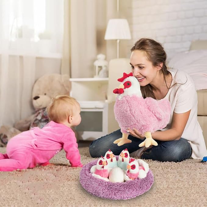 Youthfuljive 9 in 1 Chicken Stuffed Animal Set, Stuffed Chicken Plush Toy Egg Laying Hen with Zipper and Baby Chicks Toy Chickens Eggs and Chicken Coop Toys for Kids Toddler Birthday Farm Decor