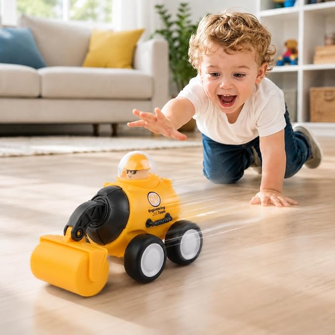 Press and Go Construction Truck Toys, 4 Pack Vehicles for Toddlers | Includes 4 yellow construction vehicles; movable front arm; for sandbox, floor play, and gift moments.