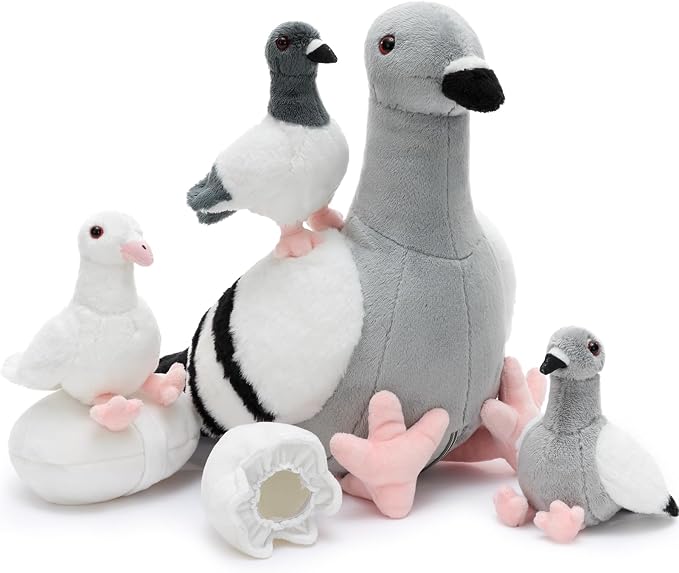 Tezituor 6-Piece Pigeon Stuffed Animal Set,Realistic Pigeon Plush Toy with 3 Baby Birds and Eggs,Soft Cuddly Dove Bird Plushie for Kids Girls Boys,Easter Valentine’s Day Christmas Birthday Gift, Grey