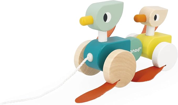 Janod Zigolos Pull Along Duck Family Early Learning and Motor Skills Toy with Flapping Feet Made of Beech and Cherry Wood for Ages 12 Months