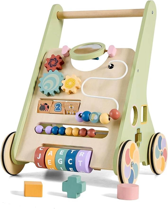 Wooden Baby Push Walker, Montessori Activity Walker for Babies 12-18 Months | Adjustable-speed wooden baby push walker with Montessori activities, storage box, and safe rubber wheels.