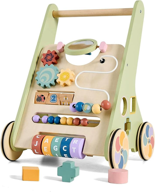 Wooden Baby Push Walker, Montessori Activity Walker for Babies 12-18 Months | Adjustable-speed wooden baby push walker with Montessori activities, storage box, and safe rubber wheels.