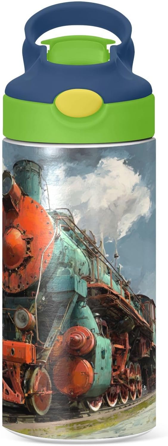 Boccsty Locomotive Train Kids Water Bottle with Straw Lid Insulated Stainless Steel Reusable Tumbler for Boys Girls Toddlers 12 oz Green