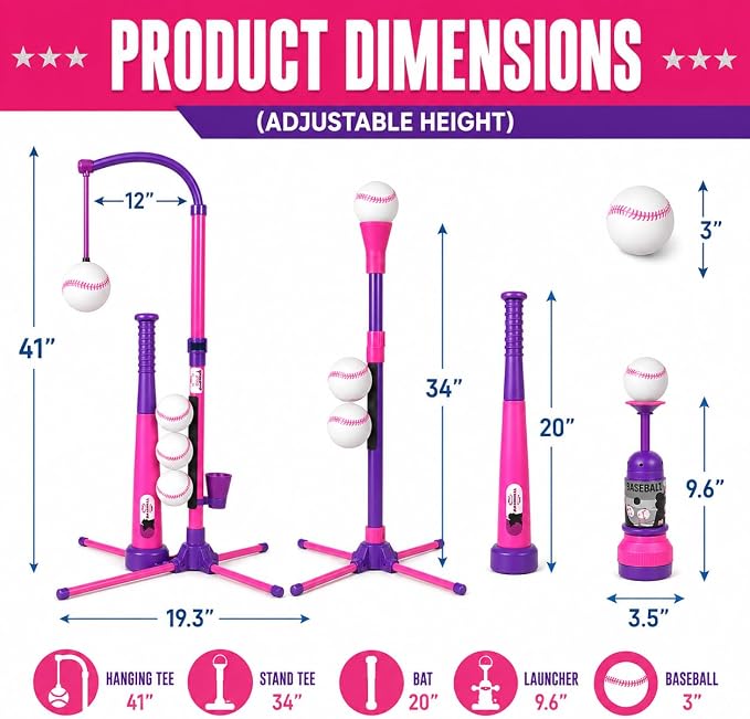 3-in-1 Baseball Set for Kids and Toddlers Ages 3-5 – Includes Tee Ball Stand, Hanging Tee, Automatic Ball Launcher, and 6 Softballs – Adjustable Height for Indoor/Outdoor Play – Sports Gift for Girls