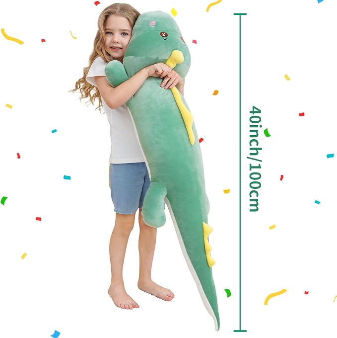 Tianmihou 40 Inch Giant Dinosaur Plush Pillow, Jumbo Green Dinosaur Stuffed Animal, Soft Long Dino Body Pillow for Kids Boys Girls, Huge Dinosaur Plushie Cuddle Toy, Birthday Gift for Children