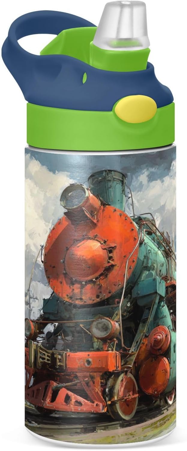 Boccsty Locomotive Train Kids Water Bottle with Straw Lid Insulated Stainless Steel Reusable Tumbler for Boys Girls Toddlers 12 oz Green