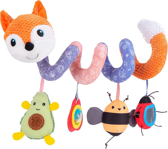 Jollybaby Crib Stroller Car Seat Toys for Baby 0-3-6-9-12 Months, Tummy Time Hanging Sensory Toys for Newborn with Music Box and Teether, Spiral Carseat Toy for Infant Boys Girls Gift (03-Orange Fox)