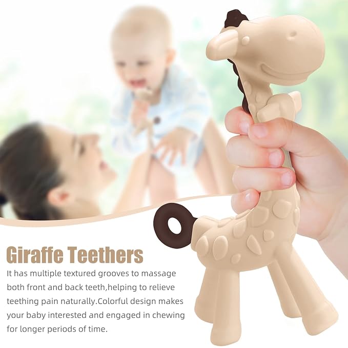 SHARE&CARE Silicone Giraffe Baby Teether Toy with Storage Case, for 3 Months Above Infant Sore Gums Pain Relief, Baby Teething Toys, Women Gift for Mom, Wife, Her (Cream)