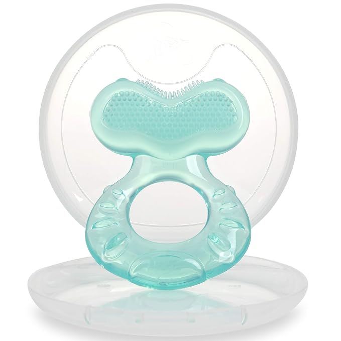 Nuby Teethe-EEZ Baby Teether with Soothing Bristles & Travel Case - Silicone Teether for Babies - 3+ Months - Aqua
