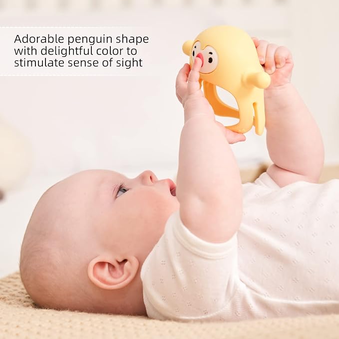 Smily Mia 2pk Penguin Teethers, TeethingToys for Babies 0-6Months, Baby Teethers for 3-6Months, Teething Mittens for Infants, Pacifiers for Breastfed Babies, Light Yellow