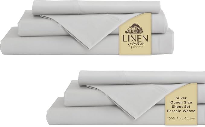 Linen Home 2-Pack Queen Sheet Set, 100% Cotton Percale Bedding, 8-Piece Value Bundle, Deep Pocket Cooling Bed Sheets for Hot Sleepers, Breathable & Crisp Hotel Quality, Long-Staple Cotton, Silver