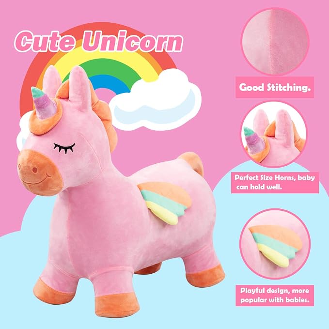 Bouncy Hopper Horse Unicorn Toys, Inflatable Bouncing Animal Hopping Toys, Outdoor Indoor Ride on Bouncer, Boys Girls Birthday Gift for 18 Month 2 3 4 5 6 Year Old Kid- Plush Unicorn Toy