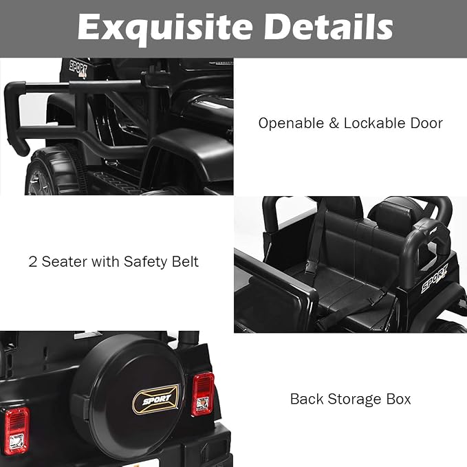 Costzon 2-Seater Ride on Truck, 12V Battery Powered Electric Vehicle Toy w/Storage, Remote Control, 3 Speed, LED Lights, MP3, Horn, Music, 2 Doors Open, Spring Suspension, Ride on Car for Kids(Black)