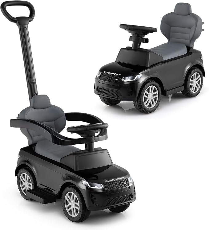 Licensed Push Car for Toddlers by INFANS, 3 in 1 Sliding Walking Car with Push Handle, Horn, Music, Underneath Storage, Foot-to-Floor Ride on Toys for Boys Girls (Black)