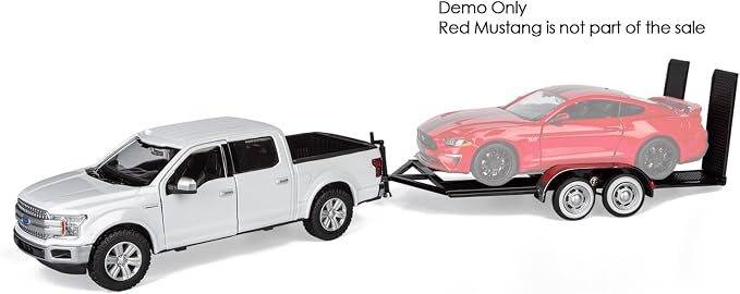 Motormax 2019 Ford F-150 Lariat Crew Cab Pickup Truck with a Car Hauler, Truck & Tow Trailer Combo - 1/27 Scale Diecast Model, White, All Star Toys Exclusive 79363/76001