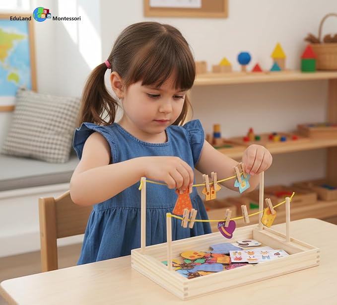 Montessori Practical Life Clothes Hanging Job, Laundry Activity Set with Rope Strings, Clothespins & Dress-Up Air Drying Game Airing Clothes for Toddlers Kids Ages 2-6, Classroom Educational Toy Gift