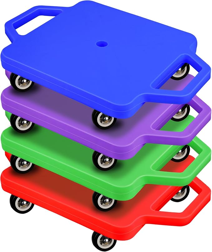 4 Pcs Sports Scooter Board with Handles for Kids Non-Marring Plastic Casters Floor Scooter Board Sitting Scooter Board Boy Girl Gym Indoor Outdoor Activities Play(Red,Green,Purple,Blue)