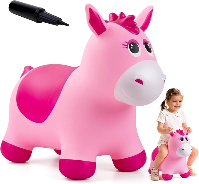 Bouncy Animals Horse for Toddlers, Hopping Toys Jumping Horse Hopper, Ride on Toys Indoor Outdoor Inflatable Birthday Gifts for Boys Girls 18 Months 2 3 4 5 6 Year Old, Pink