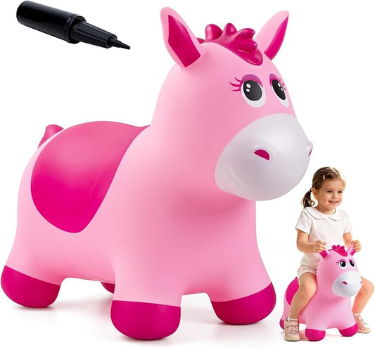Bouncy Animals Horse for Toddlers, Hopping Toys Jumping Horse Hopper, Ride on Toys Indoor Outdoor Inflatable Birthday Gifts for Boys Girls 18 Months 2 3 4 5 6 Year Old, Pink