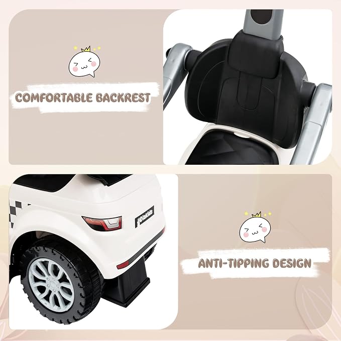 OLAKIDS 4 in 1 Ride on Push Car, Toddlers Stroller Sliding Walking Toy with Horn, Music, Lights, Removable Guardrails Handle, Underneath Storage, Foot-to-Floor Walker for Boys Girls (Ivory White)