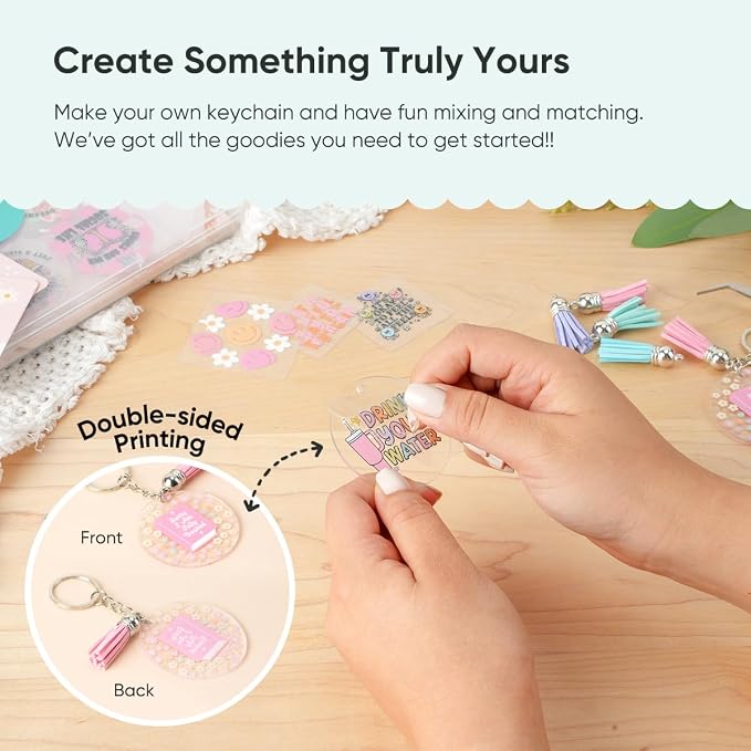 YOPPIX 140 PCS Acrylic Keychain Blank Set, Funny Double-Sided UV DTF Stickers Acrylic Keychain Making Kits for Vinyl DIY Craft Project