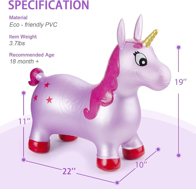 INPANY Unicorn Bouncy Horse Toys, Toddler Inflatable Unicorn, Bouncy Pals | Eco-Friendly PVC, Low Center Gravity, Cute Cartoon Design, Load 100 Lbs, Learn & Exercise & Active Fun, Gifts for 1-3 Kids