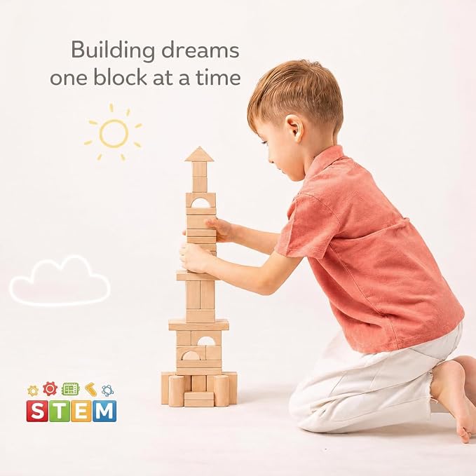 Pidoko Kids 100pcs Natural Beech Wood Building Blocks for Toddlers 1-3, Wooden Blocks with Storage Bucket and Shape Sorter Lid Montessori Toys for 1 2 3 Year Old Boys and Girls, Preschool Learning