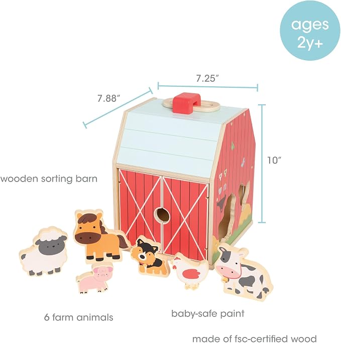 Pearhead Farm Animal Shape Sorter – Wooden Barn with 6 Chunky Animal Blocks, FSC-Certified, Flip-Up Roof & Carrying Handle, Montessori Pretend Play Toy for Boys and Girls, 2 3 4 Year Old