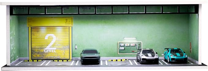 1/64 Scale Display Case Car Garage Moldel, Acrylic Cover Diecast Car Show Case with LED Light 6 Parking Spaces, Hot diecast Wheel Parking Scene (Vehicles Not Included) Car Repair Basement