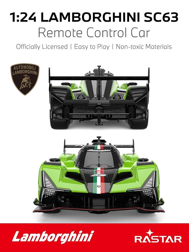 RASTAR 10160 1/24 RC Car Lamborghini SC63 with 2.4G Remote, Green | Officially Licensed, Ideal Gift, 2.4G Remote, Independent Suspension, Racing Car Model for Play & Display