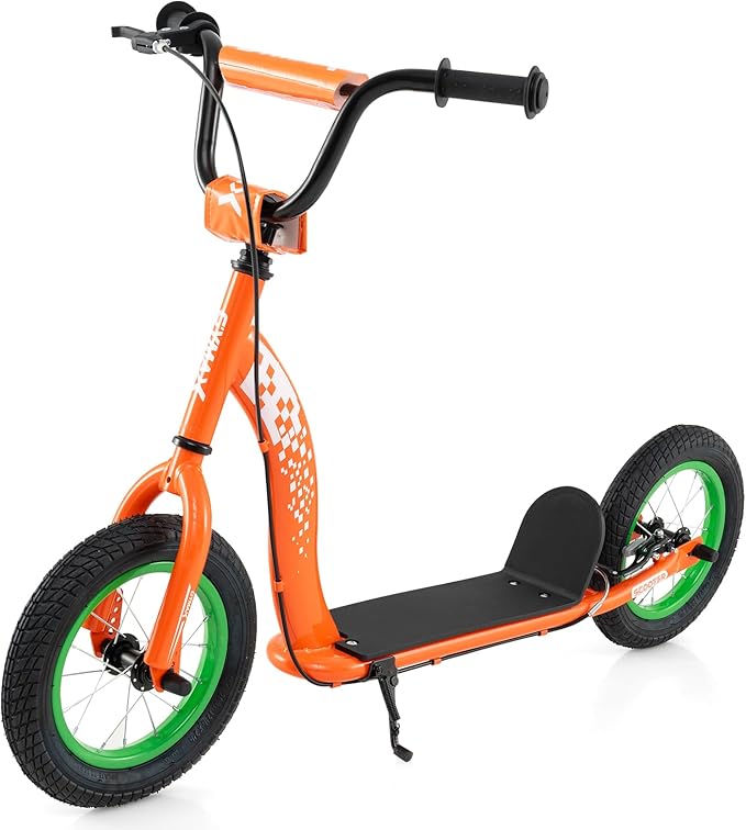 GYMAX Scooter, Kick Scooter for Adults, Teens, Kids with Adjustable Handlebar, 12” Inflatable Wheels, Front Caliper Brake & Non-Slip Deck, Heavy Duty Off-Road Scooter
