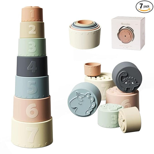 Moonkie Stacking Cups Toy, Fun Educational Baby Toys Silicone Soft Teething Toy, Age 6+ Months, 7 Piece Set