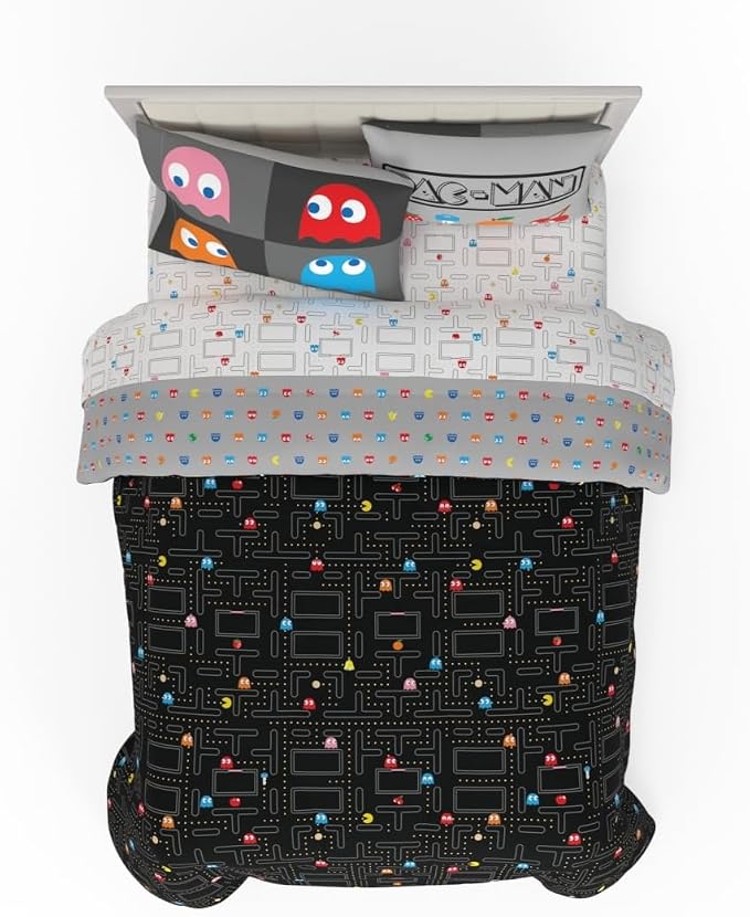 Pac-Man Gaming Bedding 7 Piece Super Soft Cozy Reversible Comforter and Sheet Set with Sham, Full, (Officially Licensed Product) By Franco