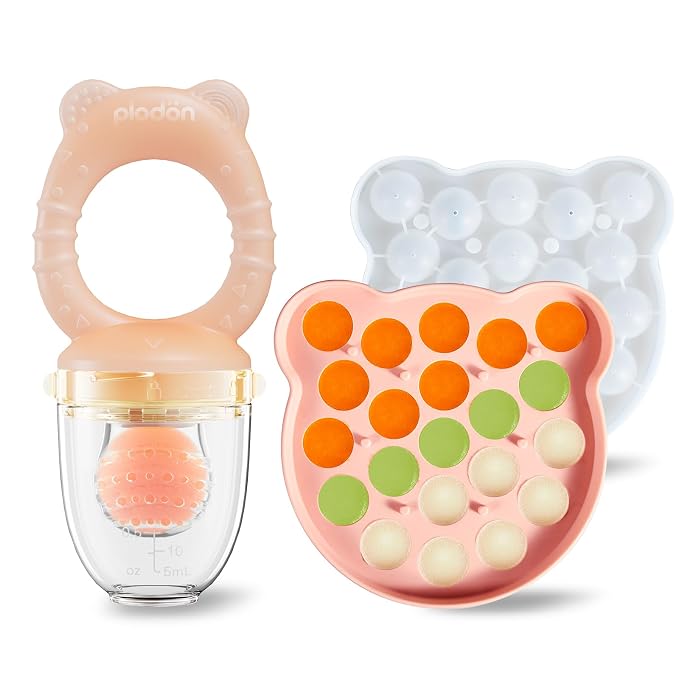 Baby Teething Relief Fruit Feeder with Freezer Tray, BPA-Free Silicone Food Feeder Pacifier, Breastmilk Popsicle Mold Set with Lid, Baby Feeding Essentials, 4 Months+