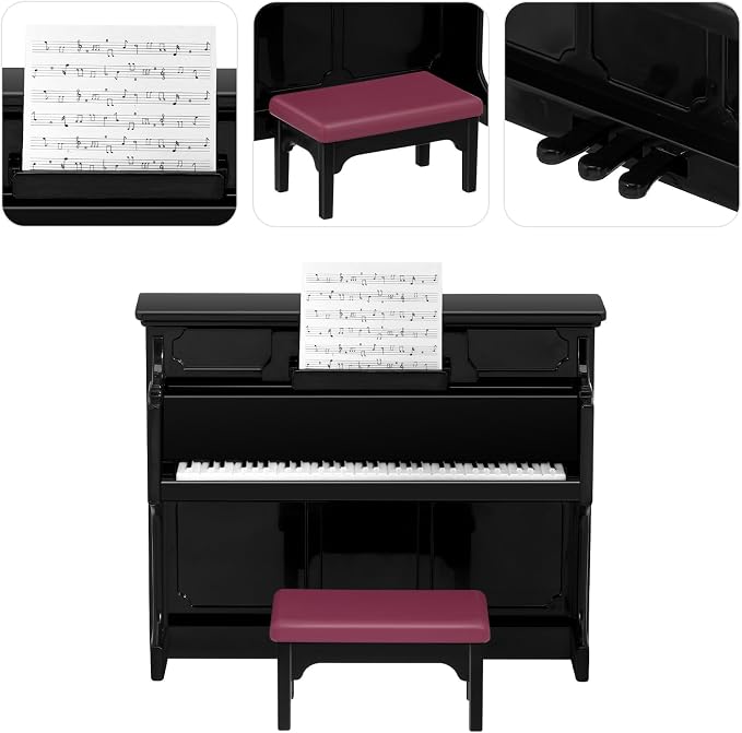 TOYANDONA Piano Keyboard Dollhouse Piano Model Miniature Upright Stool Musical Educational Toy for Kids Micro Landscape Fairy Garden Black