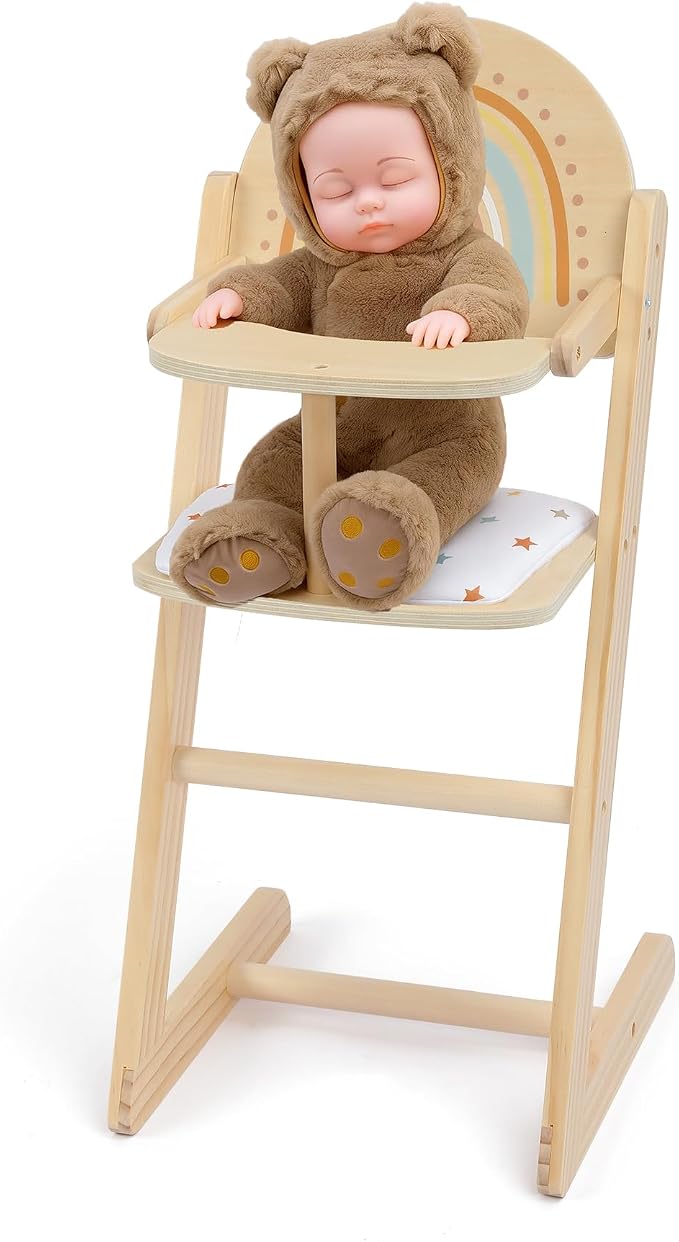 Freniland Wooden Doll High Chair with Cushion, Pretend Play Baby Doll Feeding Chair, Fits 18–20 Inch Dolls, Natural Wood Color for Girls Ages 3+